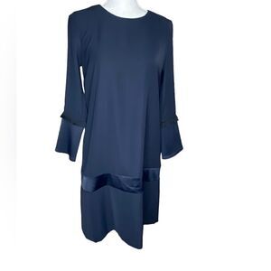 Mos Mosh Navy Shift Dress Frayed Trim Cuff Sleeve Career Cocktail Sz S
